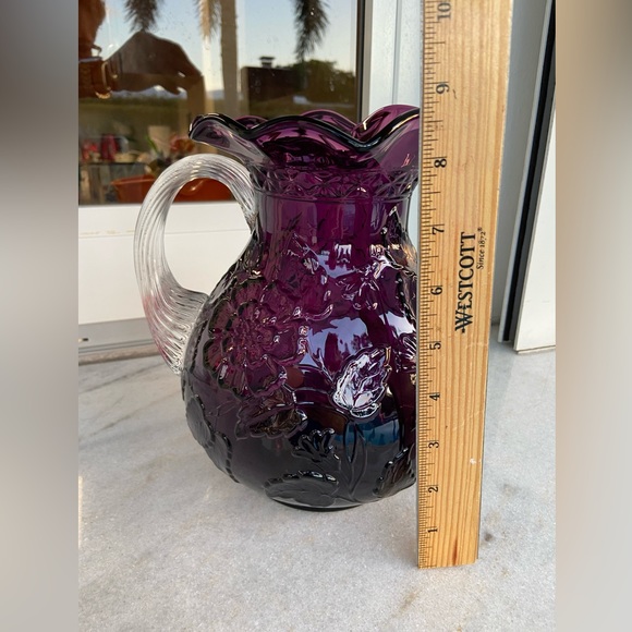 Mosser glass with clear handle, cable grape amethyst pitcher floral leaf pattern - Picture 6 of 16